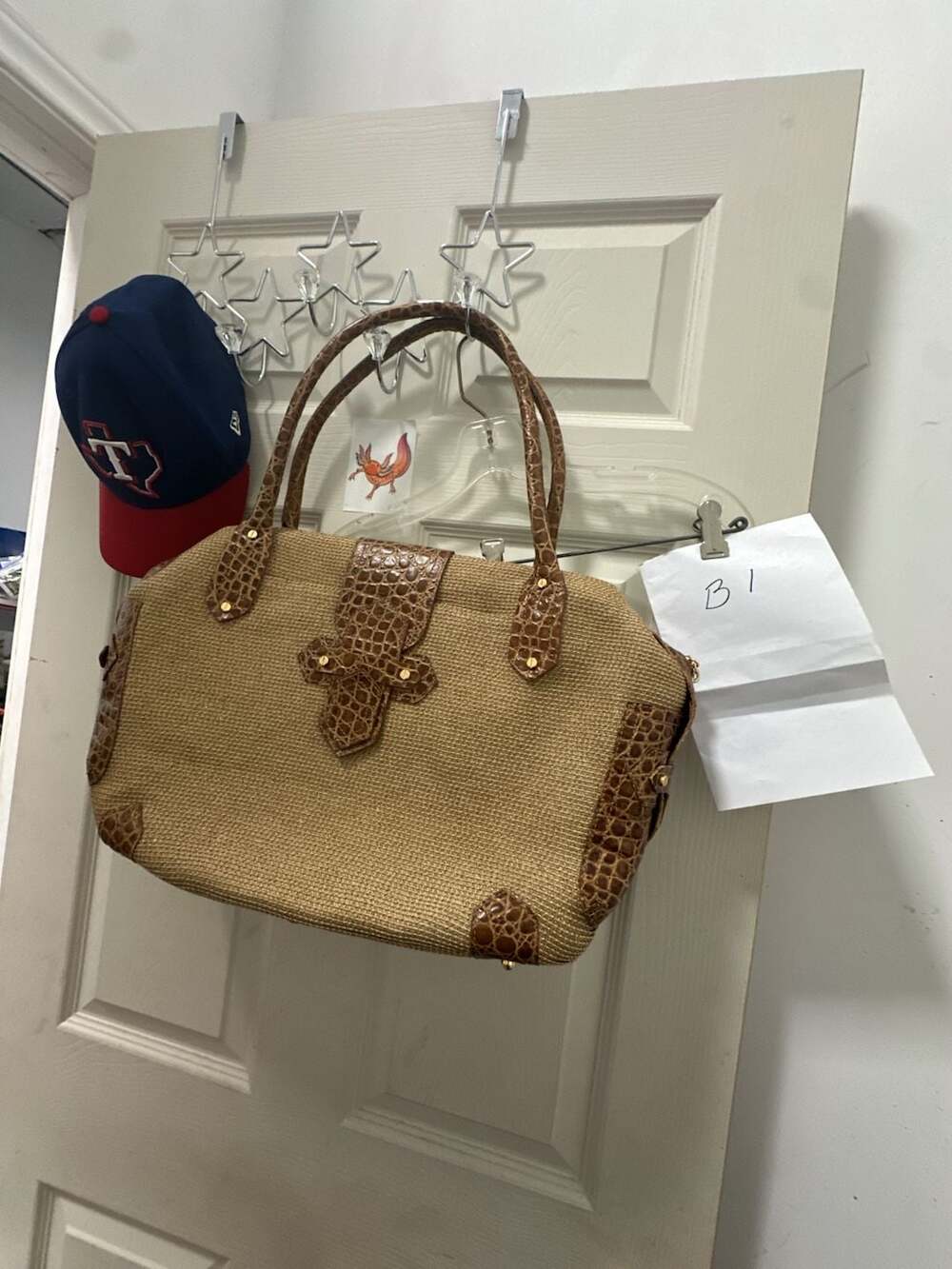 Eric Javits Straw and Croc-Embossed Leather Satchel Handbag